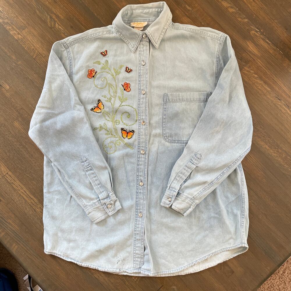 Tia Designs embroidered butterfly denim button-up long sleeve top Size M